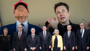 Donald Trump et Elon Musk en arrière-plan, le Conseil fédéral devant