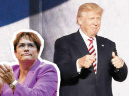 100 jours chaotiques avec Donald Trump : l’UDC a fait fausse route Magdalena Martullo-Blocher (UDC) à gauche et Donald Trump à droite.