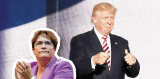 Magdalena Martullo-Blocher (UDC) à gauche et Donald Trump à droite.