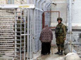 Pression sur Israël : pourquoi la solution à deux États est importante Une femme voilée de dos, portant un long vêtement noir et un châle à motifs floraux marron, avance à l’aide d’une canne dans un passage étroit bordé de grillages métalliques. À gauche, un tourniquet en acier et, derrière, un soldat en uniforme kaki et casque, partiellement masqué. À droite, un autre soldat en tenue de combat kaki, casque sur la tête et fusil en bandoulière, se tient face à l’objectif. Le sol est mouillé et des blocs de béton renforcent la barrière de chaque côté.