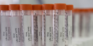 Vue rapprochée de plusieurs tubes à centrifuger Corning CentriStar, munis de bouchons orange et d’étiquettes indiquant « PFA694E 0,05 g – GenX 4183 ng/L – PFAS », rangés dans un support en mousse blanche.