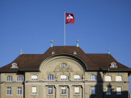« Les bénéfices de la Banque nationale appartiennent au peuple » Façade de la Banque nationale suisse à Berne, bâtiment classique à toiture en tuiles brunes, drapeau suisse flottant sur un mât central, ciel bleu en arrière-plan.