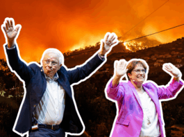 +126 % : les ultra-riches concentrent de plus en plus de richesses entre leurs mains Sur un fond de colline en flammes, Christoph Blocher et sa fille Magdalena Martullo-Blocher se tiennent au premier plan, chacun bras levés en signe de salutation : à gauche, un homme plus âgé, veste sombre et chemise claire, micro-cravate accroché au revers, sourit en levant haut les deux mains ; à droite, une femme portant une veste rose vif et une blouse blanche agite également les deux bras. Le contraste entre leur geste convivial et l’incendie qui gronde derrière eux crée une atmosphère à la fois surréaliste et dramatique.