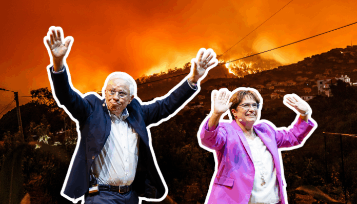 Sur un fond de colline en flammes, Christoph Blocher et sa fille Magdalena Martullo-Blocher se tiennent au premier plan, chacun bras levés en signe de salutation : à gauche, un homme plus âgé, veste sombre et chemise claire, micro-cravate accroché au revers, sourit en levant haut les deux mains ; à droite, une femme portant une veste rose vif et une blouse blanche agite également les deux bras. Le contraste entre leur geste convivial et l’incendie qui gronde derrière eux crée une atmosphère à la fois surréaliste et dramatique.