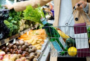 Dans une épicerie, une personne vêtue d’un manteau beige tient un panier métallique rempli d’une bouteille d’eau gazeuse, d’un bouquet de fanes de carottes, d’un citron, d’une courgette et de quelques produits emballés. Elle se tient devant les étals garnis de choux, de brocolis, de betteraves, de navets et de carottes.