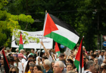 La majorité de la population suisse souhaite reconnaître la Palestine comme État Manifestation en plein air où une foule dense de personnes de tous âges brandit des drapeaux de la Palestine. Au centre, un manifestant lève un grand drapeau aux bandes noire, blanche et verte avec un triangle rouge à la hampe. En arrière-plan, on distingue une banderole blanche tenue par d’autres manifestants, des arbres verdoyants et des panneaux de signalisation routière.