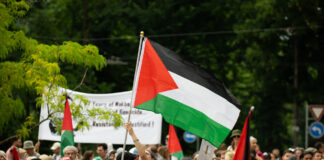 La majorité de la population suisse souhaite reconnaître la Palestine comme État Manifestation en plein air où une foule dense de personnes de tous âges brandit des drapeaux de la Palestine. Au centre, un manifestant lève un grand drapeau aux bandes noire, blanche et verte avec un triangle rouge à la hampe. En arrière-plan, on distingue une banderole blanche tenue par d’autres manifestants, des arbres verdoyants et des panneaux de signalisation routière.