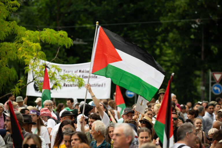 Manifestation en plein air où une foule dense de personnes de tous âges brandit des drapeaux de la Palestine. Au centre, un manifestant lève un grand drapeau aux bandes noire, blanche et verte avec un triangle rouge à la hampe. En arrière-plan, on distingue une banderole blanche tenue par d’autres manifestants, des arbres verdoyants et des panneaux de signalisation routière.