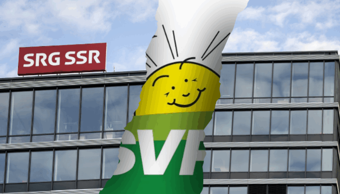 ifez_1 (1) Photomontage montrant la façade vitrée du siège de la SSR avec son logo rouge “SRG SSR”, traversée d’une large déchirure verticale qui laisse apparaître en arrière-plan une bannière verte à l’effigie de l’UDC, ornée d’un soleil stylisé souriant.