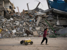 Palestine : le Conseil fédéral doit faire plus Une fillette dans la bande de Gaza, en sweat à capuche bordeaux et pantalon sombre, avance sur un sol poussiéreux, tirant derrière elle une petite charrette artisanale — un bac plastique jaune sur quatre roues chargé de pains enveloppés de sacs — tandis qu’en arrière-plan s’étend un vaste tas de décombres : béton effondré, barres d’armature tordues et pièces métalliques brisées d’un bâtiment détruit.
