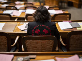 Un demi-million de signatures : quand les femmes se mobilisent Vue de dos de Tamara Funiciello, assise dans un hémicycle au mobilier en bois, des rangées de bureaux jonchés de dossiers, de feuilles et d’un ordinateur portable devant elle, portant une veste noire ornée en rouge de l’inscription “Ni Una Menos” entourant deux roses stylisées.