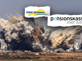 La caisse de pension de la ville de Zurich profite du génocide à Gaza grâce à Elbit Systems Une vaste explosion soulève un nuage de poussière brune et de fumée noire au-dessus d’un paysage urbain en ruines, surmontée de deux logos collés sur un papier à bords déchirés : « Elbit Systems » (jaune et bleu) et « Pensionskasse Stadt Zürich » (noir et bleu).