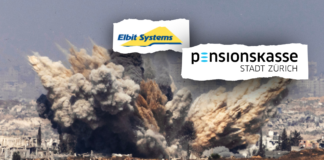 La caisse de pension de la ville de Zurich profite du génocide à Gaza grâce à Elbit Systems Une vaste explosion soulève un nuage de poussière brune et de fumée noire au-dessus d’un paysage urbain en ruines, surmontée de deux logos collés sur un papier à bords déchirés : « Elbit Systems » (jaune et bleu) et « Pensionskasse Stadt Zürich » (noir et bleu).