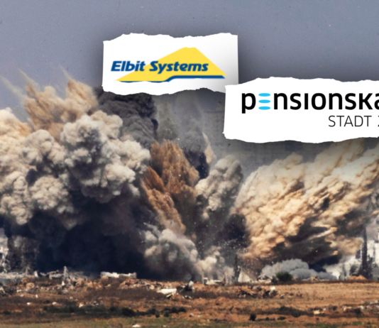 La caisse de pension de la ville de Zurich profite du génocide à Gaza grâce à Elbit Systems Une vaste explosion soulève un nuage de poussière brune et de fumée noire au-dessus d’un paysage urbain en ruines, surmontée de deux logos collés sur un papier à bords déchirés : « Elbit Systems » (jaune et bleu) et « Pensionskasse Stadt Zürich » (noir et bleu).