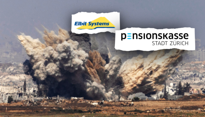 PKZH (2) Une vaste explosion soulève un nuage de poussière brune et de fumée noire au-dessus d’un paysage urbain en ruines, surmontée de deux logos collés sur un papier à bords déchirés : « Elbit Systems » (jaune et bleu) et « Pensionskasse Stadt Zürich » (noir et bleu).