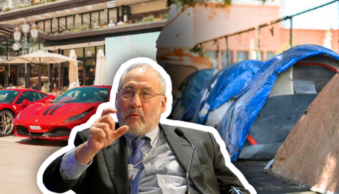 Stiglitz Image composée de trois scènes juxtaposées : À gauche, plusieurs voitures de sport rouges garées devant la terrasse extérieure d’un café chic, avec parasols et tables alignés sous un immeuble à étages. Au centre, Josef Stiglitz, un homme d’âge mûr, cheveux grisonnants, vêtu d’un costume-cravate et assis devant un micro, qui tient son pouce et son index rapprochés comme pour souligner un détail de son propos. À droite, un campement urbain constitué de tentes et d’abris de fortune posés sur un trottoir, certaines couvertes de bâches bleues.