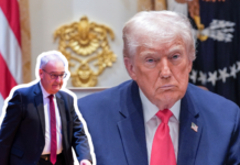 L’accord douanier avec Trump est rejeté par la population Photomontage : au centre, un plan rapproché sur Donald Trump, visage grave, en costume bleu et cravate rouge, avec, à l’arrière-plan, une partie du drapeau américain et l’emblème présidentiel. Au premier plan, en bas à gauche, la silhouette découpée et bordée d’un liseré blanc d’un homme en costume sombre et cravate, en position de marche.