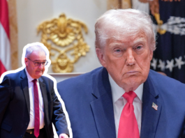 L’accord douanier avec Trump est rejeté par la population Photomontage : au centre, un plan rapproché sur Donald Trump, visage grave, en costume bleu et cravate rouge, avec, à l’arrière-plan, une partie du drapeau américain et l’emblème présidentiel. Au premier plan, en bas à gauche, la silhouette découpée et bordée d’un liseré blanc d’un homme en costume sombre et cravate, en position de marche.