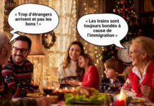 Les fêtes avec votre oncle de droite : un guide sur l’initiative de l’UDC pour le chaos Une famille de plusieurs générations est réunie autour d’une table pour un repas festif dans une ambiance chaleureuse, typique de Noël. Deux bulles de dialogue attirent l’attention : un homme âgé dit « Trop d’étrangers arrivent et pas les bons ! » tandis qu’une femme senior à l’autre bout de la table affirme « Les trains sont toujours bondés à cause de l’immigration ». Les autres membres de la famille, dont une mère avec deux enfants, observent la scène, certains sourient ou restent silencieux. L’image met en scène la banalisation de propos xénophobes lors de discussions familiales.