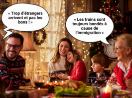 Les fêtes avec votre oncle de droite : un guide sur l’initiative de l’UDC pour le chaos Une famille de plusieurs générations est réunie autour d’une table pour un repas festif dans une ambiance chaleureuse, typique de Noël. Deux bulles de dialogue attirent l’attention : un homme âgé dit « Trop d’étrangers arrivent et pas les bons ! » tandis qu’une femme senior à l’autre bout de la table affirme « Les trains sont toujours bondés à cause de l’immigration ». Les autres membres de la famille, dont une mère avec deux enfants, observent la scène, certains sourient ou restent silencieux. L’image met en scène la banalisation de propos xénophobes lors de discussions familiales.