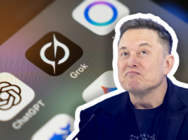 Deepfakes : comment l’IA de droite attaque les droits des femmes et la démocratie Vue en gros plan du visage d’Elon Musk, l’air pensif et les lèvres pincées, sur un fond flou montrant l’écran d’un smartphone où apparaissent des icônes d’applications d’intelligence artificielle comme ChatGPT et Grok.