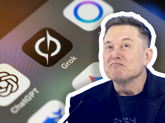 Deepfakes : comment l’IA de droite attaque les droits des femmes et la démocratie Vue en gros plan du visage d’Elon Musk, l’air pensif et les lèvres pincées, sur un fond flou montrant l’écran d’un smartphone où apparaissent des icônes d’applications d’intelligence artificielle comme ChatGPT et Grok.