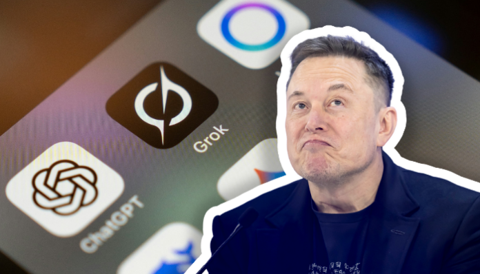 Vue en gros plan du visage d’Elon Musk, l’air pensif et les lèvres pincées, sur un fond flou montrant l’écran d’un smartphone où apparaissent des icônes d’applications d’intelligence artificielle comme ChatGPT et Grok.