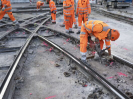 Initiative du chaos : qui peut rester, qui doit partir ? Plusieurs ouvriers du bâtiment vêtus de combinaisons orange haute visibilité et de casques de protection travaillent sur un chantier de réfection de rails de tramway. Au premier plan, un ouvrier se penche en avant et utilise un marteau-piqueur pour démolir le revêtement en béton autour des rails métalliques croisés. D'autres travailleurs sont visibles en arrière-plan sur le même chantier.