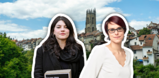 Les conséquences de la LAFE « seront multiples » dans les soins et le social Deux femmes en détourage posent devant une vue panoramique de la ville de Fribourg avec sa cathédrale Saint-Nicolas en arrière-plan. La femme de gauche, aux longs cheveux noirs, porte une veste noire et une écharpe, et tient une pancarte sur laquelle on peut lire : 'Couper dans les soins, les crèches, la formation ? NON à l'austérité !'. La femme de droite, aux cheveux courts bordeaux, porte des lunettes et un chemisier blanc