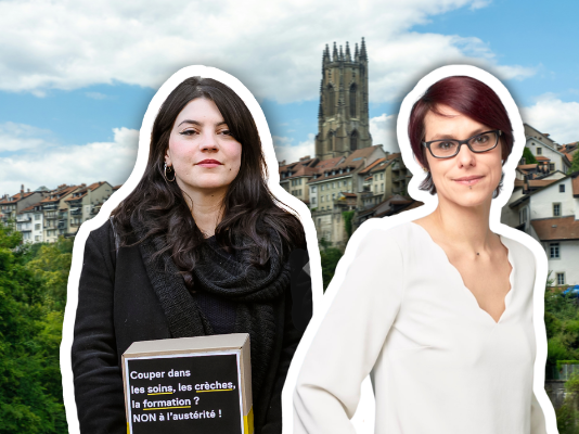 Les conséquences de la LAFE « seront multiples » dans les soins et le social Deux femmes en détourage posent devant une vue panoramique de la ville de Fribourg avec sa cathédrale Saint-Nicolas en arrière-plan. La femme de gauche, aux longs cheveux noirs, porte une veste noire et une écharpe, et tient une pancarte sur laquelle on peut lire : 'Couper dans les soins, les crèches, la formation ? NON à l'austérité !'. La femme de droite, aux cheveux courts bordeaux, porte des lunettes et un chemisier blanc