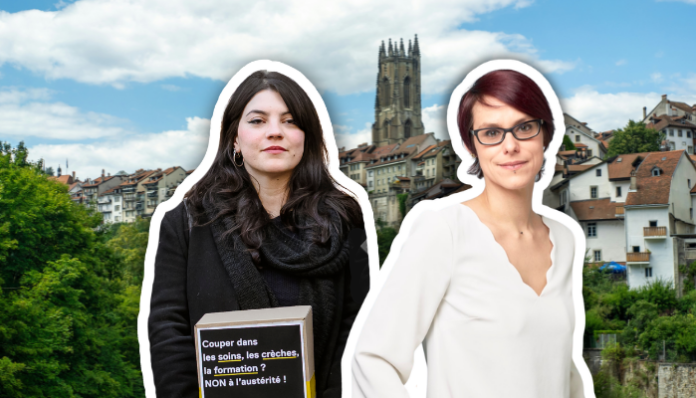 Deux femmes en détourage posent devant une vue panoramique de la ville de Fribourg avec sa cathédrale Saint-Nicolas en arrière-plan. La femme de gauche, aux longs cheveux noirs, porte une veste noire et une écharpe, et tient une pancarte sur laquelle on peut lire : 'Couper dans les soins, les crèches, la formation ? NON à l'austérité !'. La femme de droite, aux cheveux courts bordeaux, porte des lunettes et un chemisier blanc