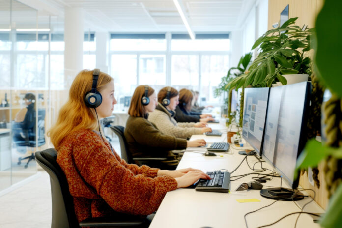 Un open space de bureau lumineux et moderne dans lequel plusieurs femmes sont assises en rangée le long d'un bureau blanc, portant des casques audio et travaillant sur des ordinateurs à double écran. L'espace est agrémenté de plantes vertes et bénéficie d'une lumière naturelle provenant de grandes fenêtres. Des cloisons en verre sont visibles en arrière-plan.