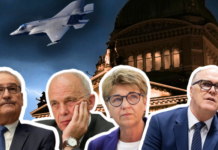 Cette chronologie le montre : le F-35 a toujours été un mauvais choix Montage composé de quatre portraits de politiciens allemands en costumes formels, alignés en bas de l'image. En arrière-plan, un dôme de bâtiment historique illuminé et un avion de chasse en vol dans un ciel bleu. Cette image évoque la politique de défense et les enjeux du F-35 en Suisse.