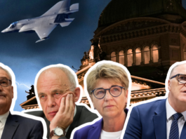 Cette chronologie le montre : le F-35 a toujours été un mauvais choix Montage composé de quatre portraits de politiciens allemands en costumes formels, alignés en bas de l'image. En arrière-plan, un dôme de bâtiment historique illuminé et un avion de chasse en vol dans un ciel bleu. Cette image évoque la politique de défense et les enjeux du F-35 en Suisse.