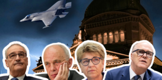 Cette chronologie le montre : le F-35 a toujours été un mauvais choix Montage composé de quatre portraits de politiciens allemands en costumes formels, alignés en bas de l'image. En arrière-plan, un dôme de bâtiment historique illuminé et un avion de chasse en vol dans un ciel bleu. Cette image évoque la politique de défense et les enjeux du F-35 en Suisse.