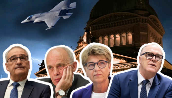 Montage composé de quatre portraits de politiciens allemands en costumes formels, alignés en bas de l'image. En arrière-plan, un dôme de bâtiment historique illuminé et un avion de chasse en vol dans un ciel bleu. Cette image évoque la politique de défense et les enjeux du F-35 en Suisse.