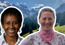 « L’initiative nous dit que nous sommes un problème qu’il faut limiter » Montage photo présentant les portraits de deux femmes souriantes devant un panorama de montagne alpine. À gauche, une femme portant des boucles d'oreilles dorées et une chemise blanche. À droite, une femme vêtue d'une tenue florale rose avec un foulard. En arrière-plan, un paysage de montagne avec des sommets enneigés, des forêts de conifères et des alpages verts sous un ciel bleu.