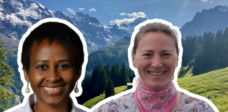 « L’initiative nous dit que nous sommes un problème qu’il faut limiter » Montage photo présentant les portraits de deux femmes souriantes devant un panorama de montagne alpine. À gauche, une femme portant des boucles d'oreilles dorées et une chemise blanche. À droite, une femme vêtue d'une tenue florale rose avec un foulard. En arrière-plan, un paysage de montagne avec des sommets enneigés, des forêts de conifères et des alpages verts sous un ciel bleu.