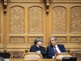 Voici les parlementaires du Centre qui rejettent le gel du salaire minimum Deux personnes en tenue formelle sont assises côte à côte dans un cadre officiel. Elles sont positionnées devant un mur orné de boiseries dorées richement décorées, caractérisé par des panneaux sculptés présentant des motifs floraux et figuratifs élaborés. Les chaises sur lesquelles elles sont assises sont de style classique avec dossiers en rotin. La femme à gauche, vêtue d'une veste noire, regarde vers la droite, tandis que l'homme à droite, portant un costume bleu marine avec une cravate, se tourne légèrement vers elle. L'arrière-plan somptueux suggère un lieu prestigieux tel qu'une institution gouvernementale, un tribunal ou une organisation importante.