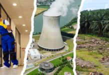 Offensive de la droite : le Parlement a adopté ces trois reculs majeurs Montage composite illustrant trois domaines liés à l'énergie et l'environnement : à gauche, une travailleuse en bleu de travail nettoie un couloir ; au centre, une centrale nucléaire avec sa tour de refroidissement caractéristique dans un paysage rural ; à droite, une plantation de palmiers à huile avec des terres fraîchement défrichées. L'image évoque les enjeux de l'énergie, de l'industrie et de l'impact environnemental.