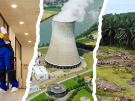 Offensive de la droite : le Parlement a adopté ces trois reculs majeurs Montage composite illustrant trois domaines liés à l'énergie et l'environnement : à gauche, une travailleuse en bleu de travail nettoie un couloir ; au centre, une centrale nucléaire avec sa tour de refroidissement caractéristique dans un paysage rural ; à droite, une plantation de palmiers à huile avec des terres fraîchement défrichées. L'image évoque les enjeux de l'énergie, de l'industrie et de l'impact environnemental.