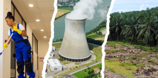 Offensive de la droite : le Parlement a adopté ces trois reculs majeurs Montage composite illustrant trois domaines liés à l'énergie et l'environnement : à gauche, une travailleuse en bleu de travail nettoie un couloir ; au centre, une centrale nucléaire avec sa tour de refroidissement caractéristique dans un paysage rural ; à droite, une plantation de palmiers à huile avec des terres fraîchement défrichées. L'image évoque les enjeux de l'énergie, de l'industrie et de l'impact environnemental.