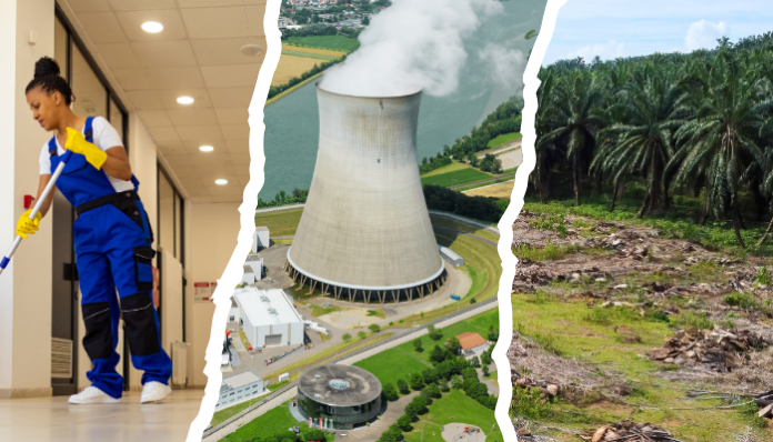Montage composite illustrant trois domaines liés à l'énergie et l'environnement : à gauche, une travailleuse en bleu de travail nettoie un couloir ; au centre, une centrale nucléaire avec sa tour de refroidissement caractéristique dans un paysage rural ; à droite, une plantation de palmiers à huile avec des terres fraîchement défrichées. L'image évoque les enjeux de l'énergie, de l'industrie et de l'impact environnemental.