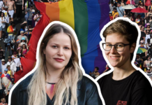 Pride à Budapest : « Cette année, c’était une fête pour tous-tes celles et ceux qui ont fait preuve de résilience » Montage photo montrant au premier plan deux femmes détourées avec un contour blanc : à gauche une femme aux longs cheveux blonds portant une veste en cuir noire, à droite une femme aux cheveux courts et lunettes, souriante, en t-shirt noir. En arrière-plan, une foule de personnes participant à une marche des fiertés (Pride) déploie un grand drapeau arc-en-ciel dans une rue.