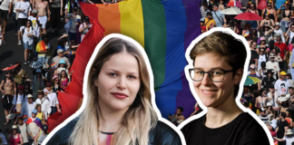Pride à Budapest : « Cette année, c’était une fête pour tous-tes celles et ceux qui ont fait preuve de résilience » Montage photo montrant au premier plan deux femmes détourées avec un contour blanc : à gauche une femme aux longs cheveux blonds portant une veste en cuir noire, à droite une femme aux cheveux courts et lunettes, souriante, en t-shirt noir. En arrière-plan, une foule de personnes participant à une marche des fiertés (Pride) déploie un grand drapeau arc-en-ciel dans une rue.