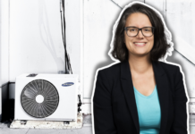 « Poser de la clim ou planter des arbres ? Tel ne devrait pas être le débat » Femme aux cheveux noirs mi-longs, souriant à la caméra avec des lunettes de vue, vêtue d'un blazer noir professionnel sur un haut turquoise, composée sur une image de fond montrant une unité de climatisation Samsung blanche et noire fixée à un mur.