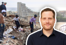 Séisme au Venezuela : « La question qui se pose désormais est la suivante : qu’adviendra-t-il des survivant-es ? » Image composite montrant à droite un portrait en gros plan d'un homme aux cheveux bruns portant une chemise noire, et à gauche une scène de destruction urbaine avec plusieurs personnes fouillant dans les décombres d'un bâtiment effondré. En arrière-plan, on aperçoit des immeubles résidentiels endommagés et une zone côtière.