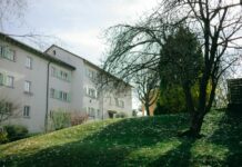 Les loyers sont trop hauts : où peut-on encore se permettre de louer un appartement ? Immeuble résidentiel de plusieurs étages avec façade blanche et fenêtres vertes, situé en bordure d'un terrain herbeux en pente. Des arbres aux branches partiellement feuillues ombragent le jardin, tandis qu'un ciel gris-blanc complète le paysage automnal ou printanier.