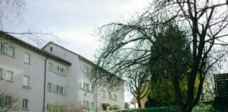 Les loyers sont trop hauts : où peut-on encore se permettre de louer un appartement ? Immeuble résidentiel de plusieurs étages avec façade blanche et fenêtres vertes, situé en bordure d'un terrain herbeux en pente. Des arbres aux branches partiellement feuillues ombragent le jardin, tandis qu'un ciel gris-blanc complète le paysage automnal ou printanier.