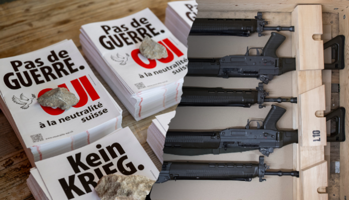 Collage montrant à gauche des affiches de protestation suisse avec les slogans 'Pas de GUERRE' et 'Kein KRIEG' (Non à la guerre en français et allemand) avec le logo du référendum suisse, et à droite une boîte en bois contenant un arsenal organisé de plusieurs fusils d'assaut noirs alignés horizontalement avec des chargeurs et accessoires tactiques.
